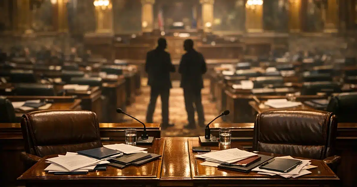 Two adjacent empty Senate chamber chairs with scattered documents suggesting bipartisan collaboration