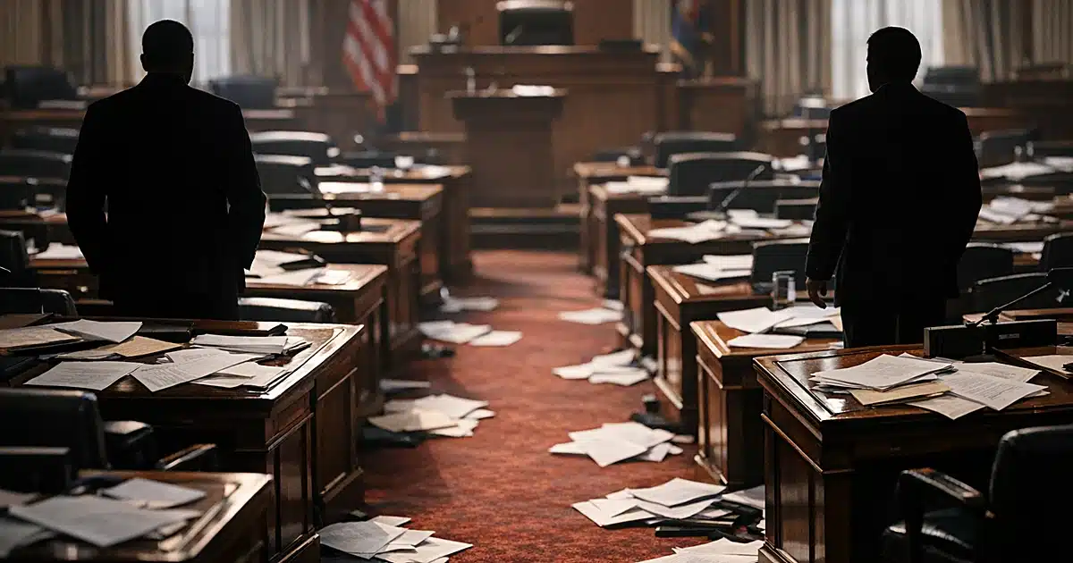 Legislative chamber with scattered papers and silhouetted figures in opposing aisles showing political division