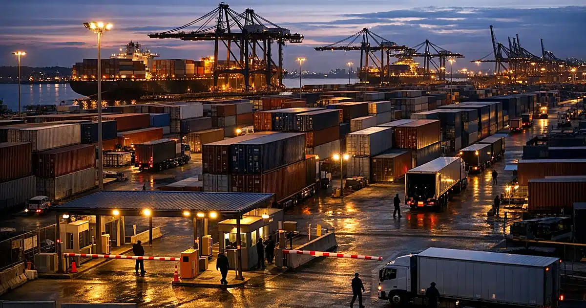 Commercial shipping port with stacked containers and customs barrier at dusk showing trade infrastructure