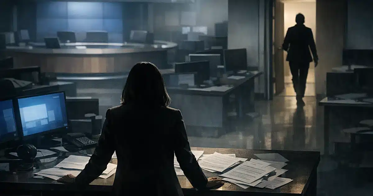 Silhouetted figures in tense newsroom confrontation, one departing while another stands at cluttered desk