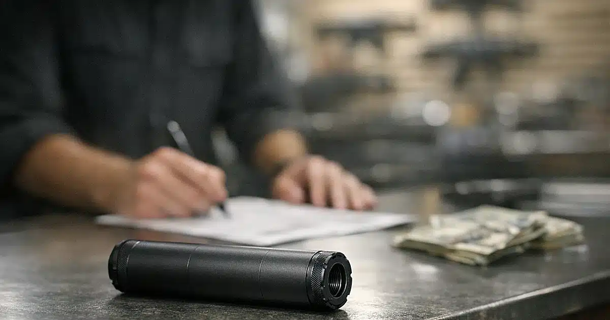 Firearm suppressor on gun shop counter with silhouetted customer completing transaction in background