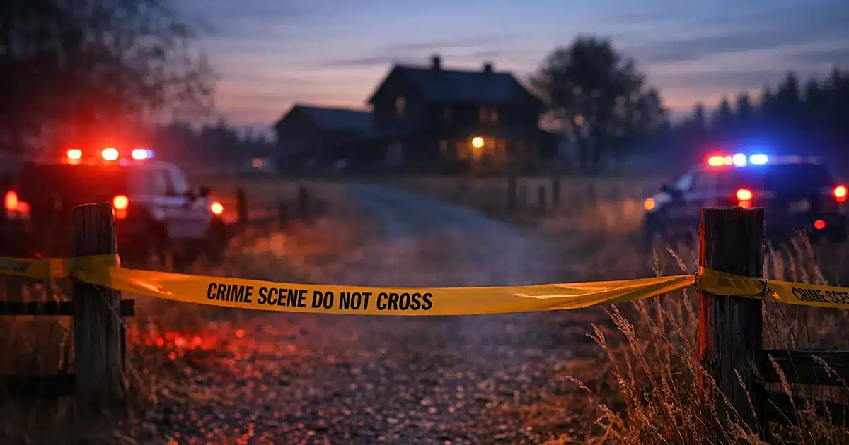 Crime scene tape across rural property entrance with emergency lights at dusk