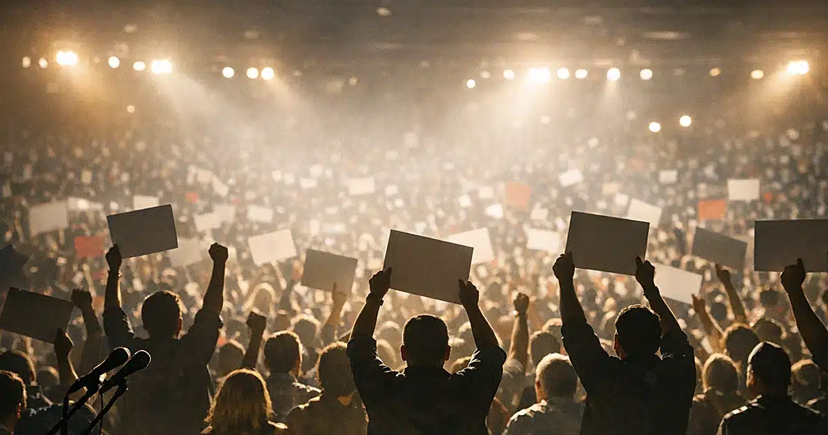 Silhouetted crowd at political rally with raised arms holding blank campaign signs under stage lighting