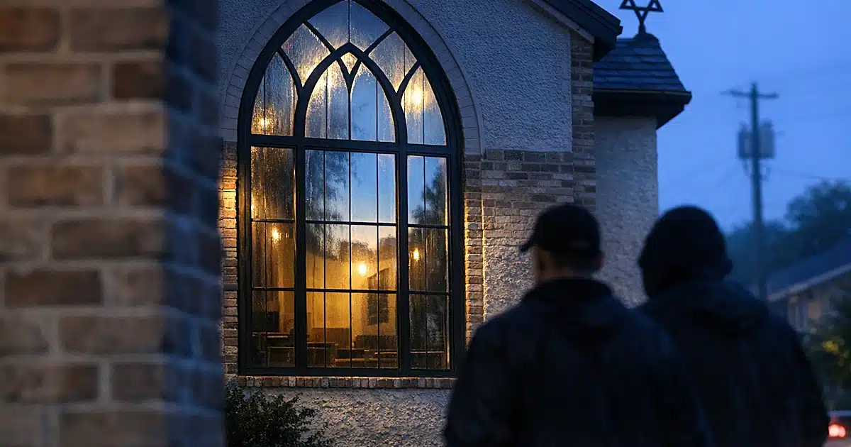 Synagogue window exterior at dawn with brick wall detail and residential background