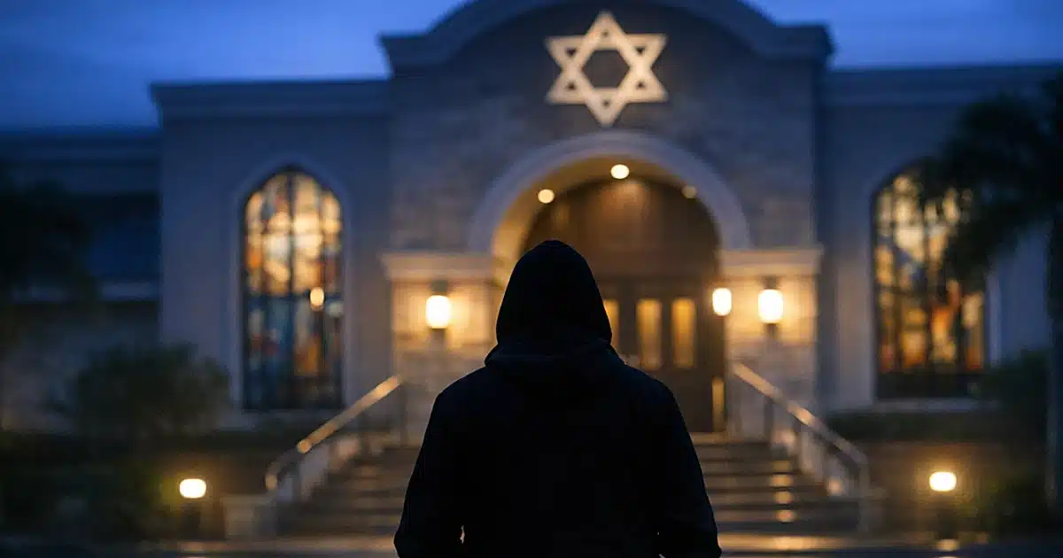 Silhouetted figure stands before illuminated synagogue entrance at dawn