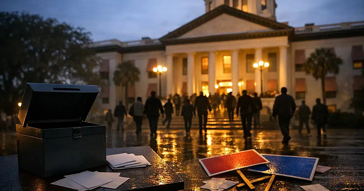Silhouetted voters leaving Florida capitol steps at dusk with abandoned ballot box and fallen campaign signs in foreground