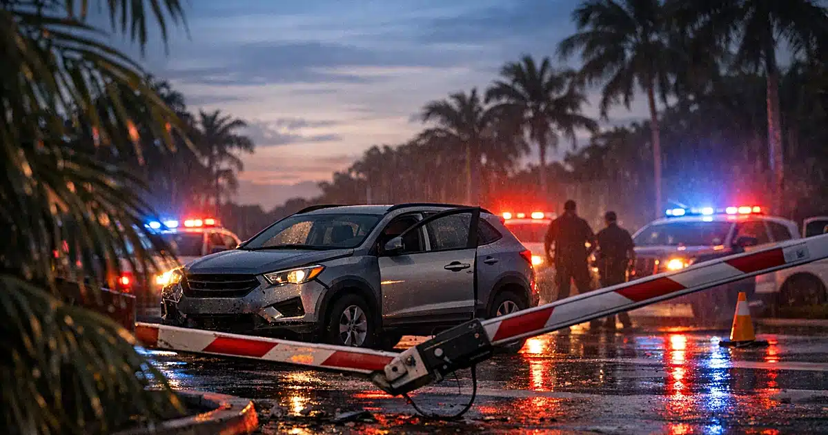 Gray SUV at broken security checkpoint with police emergency lights reflecting on wet pavement at dusk