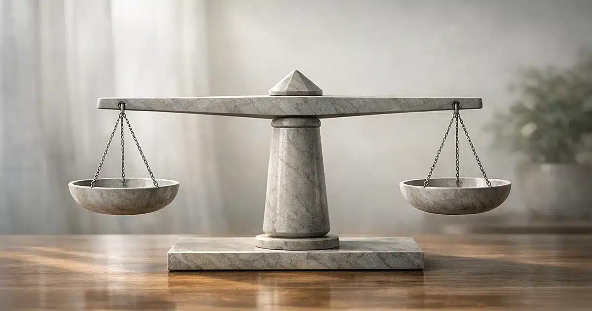 Abstract image of balanced scales in soft natural lighting representing justice and legal proceedings