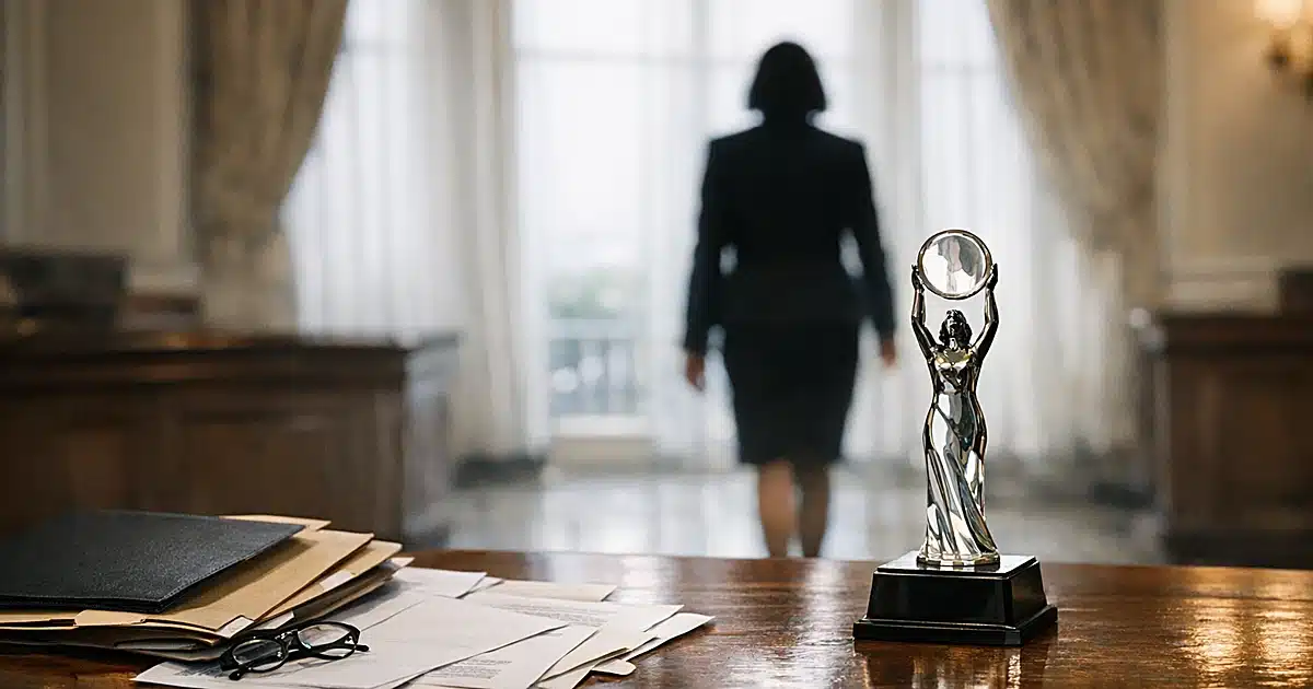 Award trophy on podium with scattered documents as silhouetted figure walks away in government building