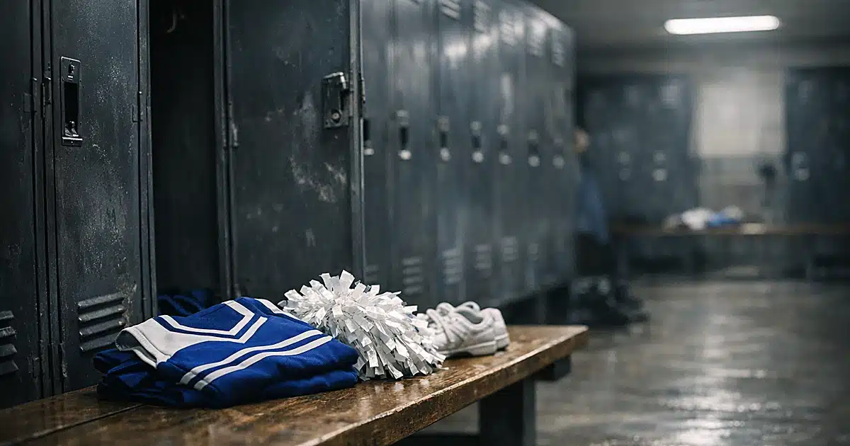 Empty university locker room with open locker and folded cheerleading uniform on bench in dim lighting