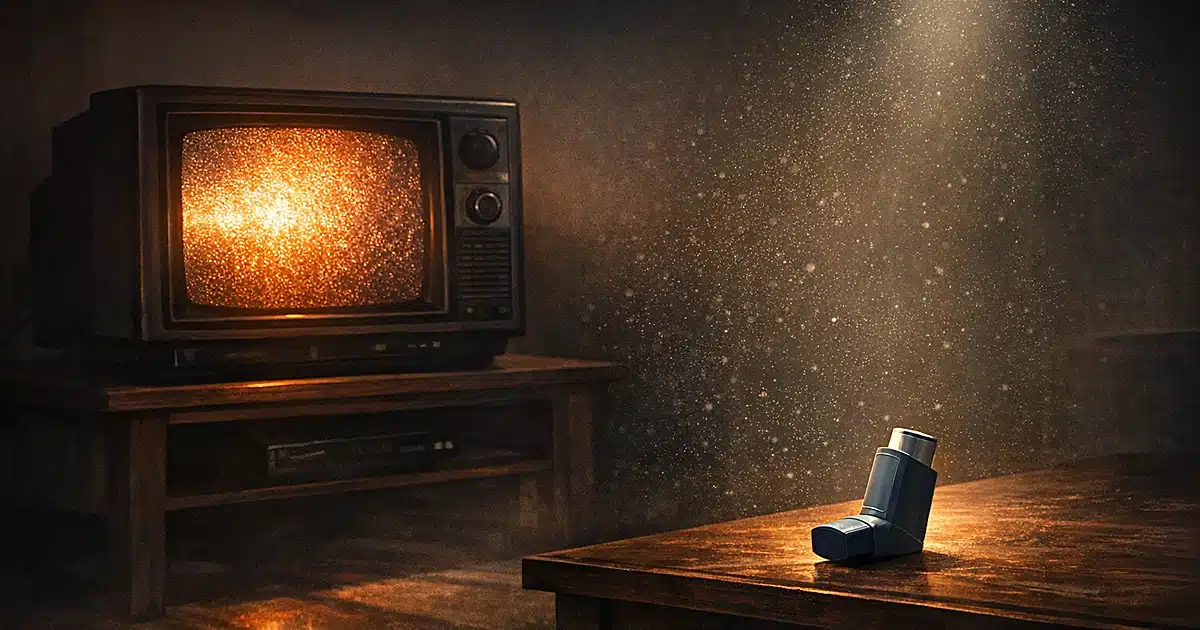 A 1990s television set glowing in dim light with an inhaler resting on a nearby table in a shadowy room