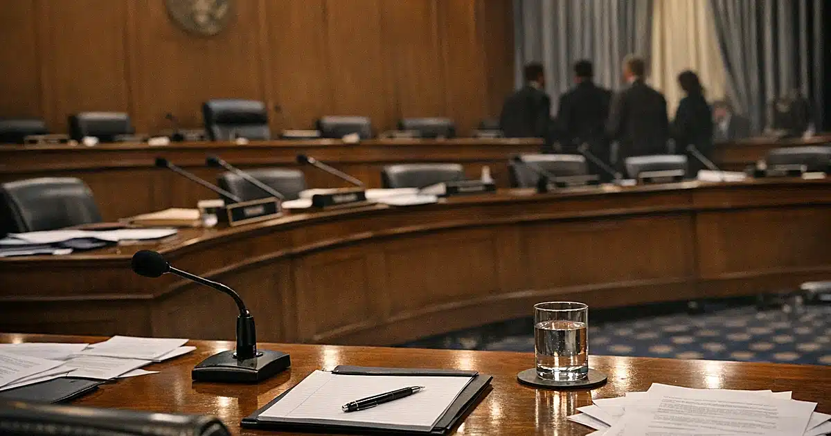 Empty House committee hearing room with curved dais, leather chairs, and scattered papers on polished wood table