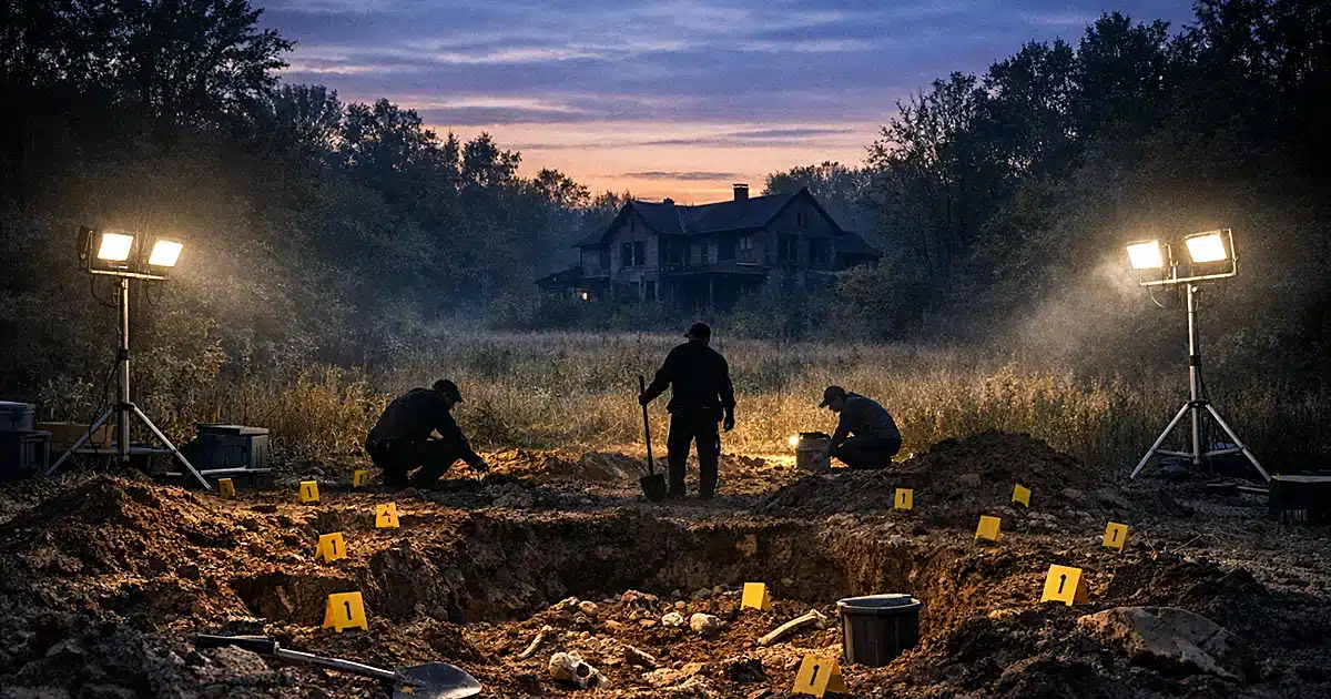 Wide view of rural estate at dusk with forensic excavation site and evidence markers in foreground