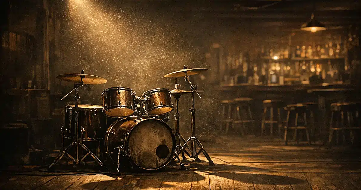 Empty drum kit on dimly lit stage in Texas honky-tonk with spotlight and long shadows