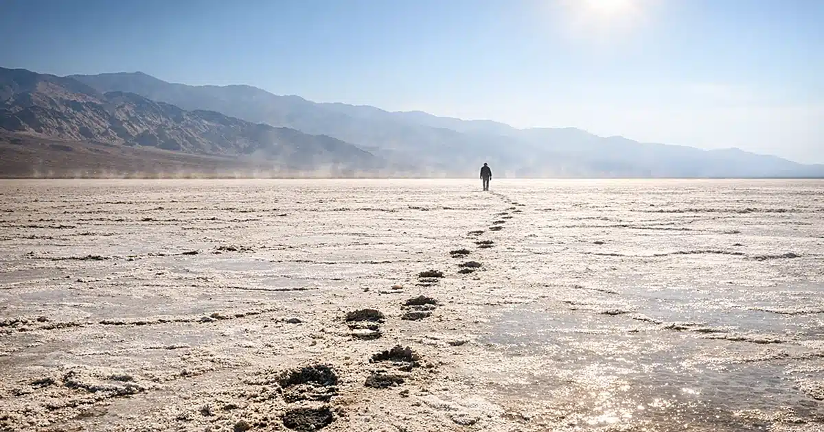 Death Valley salt flats with footprints trailing across cracked white surface under harsh desert sun