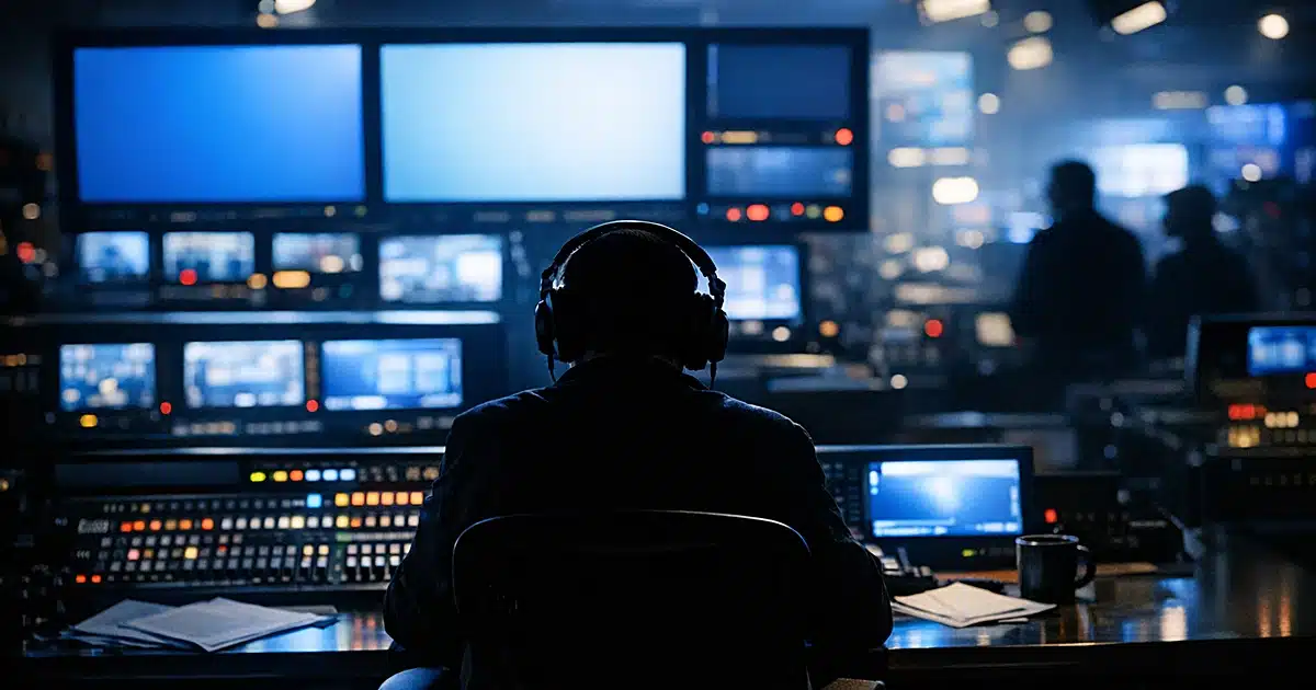 Television broadcast studio control room with silhouetted producer at desk facing multiple glowing monitor screens