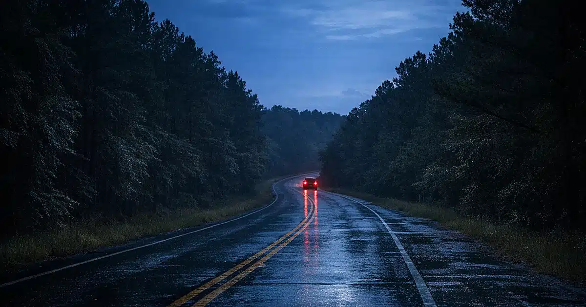 Rural highway through forest at dusk with distant taillights disappearing around curve in wet conditions