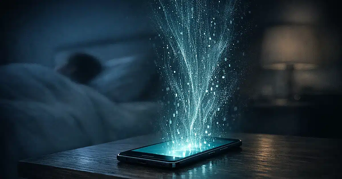 Smartphone on nightstand emitting glowing streams of data particles flowing upward in dark room