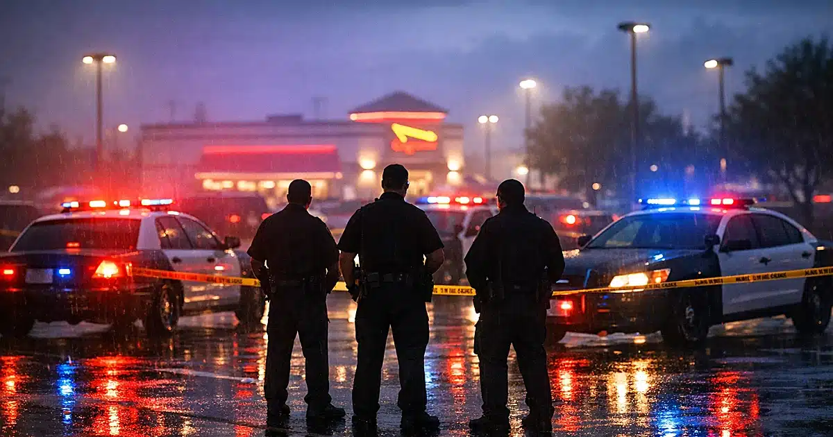 Police vehicles with flashing emergency lights reflected on wet parking lot pavement at dusk