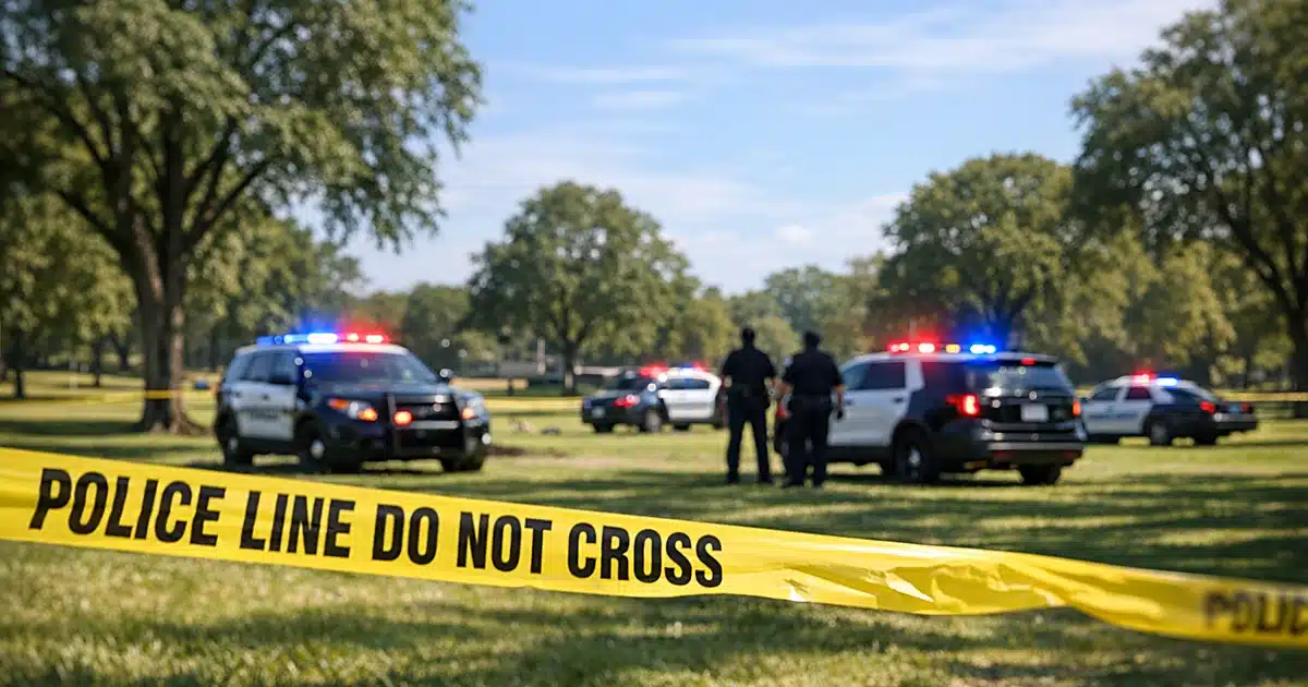 Police tape cordons off empty park with patrol cars and emergency lights in background under daylight sky
