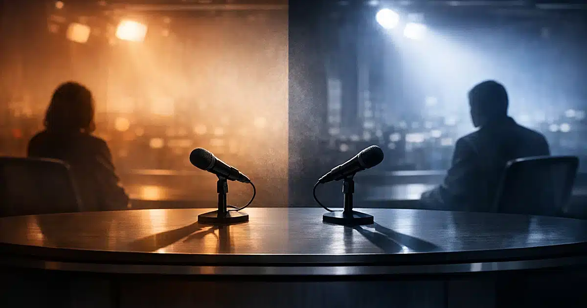 Split television studio with two microphones casting opposing shadows under contrasting warm and cold lighting