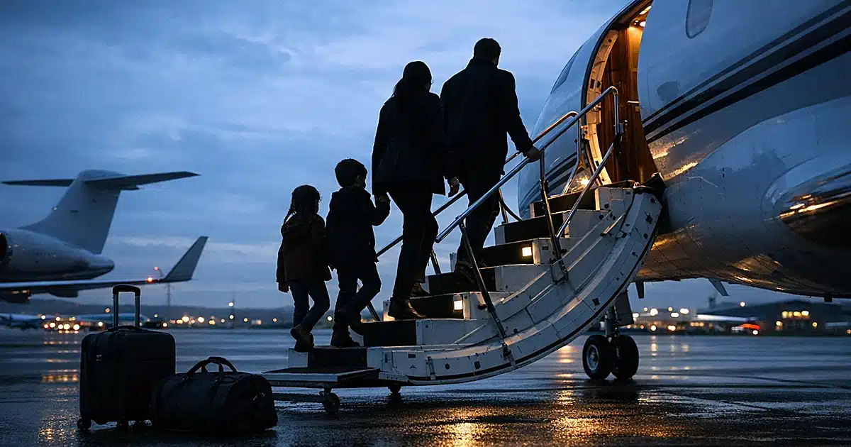 Silhouetted family ascending private jet stairs at dusk on British airfield with terminal lights in background