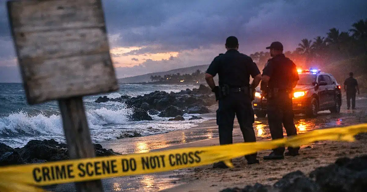 Beach warning sign and police tape on volcanic sand with stormy ocean at dusk in Hawaii