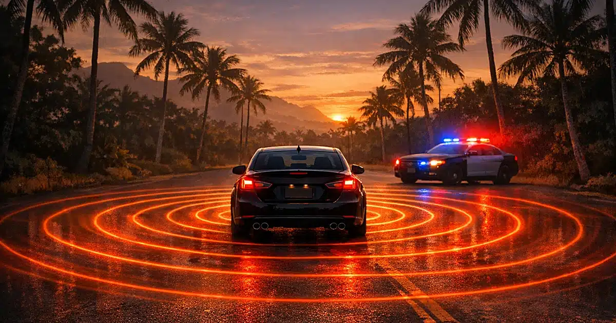 Car with visible sound waves radiating 50 feet outward on Hawaiian road with police vehicle in background