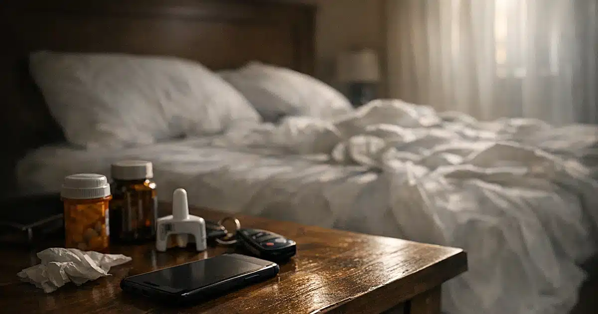 Interior of rental bedroom with unmade bed and nightstand with phone in dim natural light
