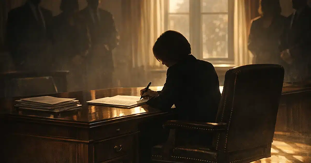 Silhouetted figure at desk signing document in government office with others standing behind in shadows