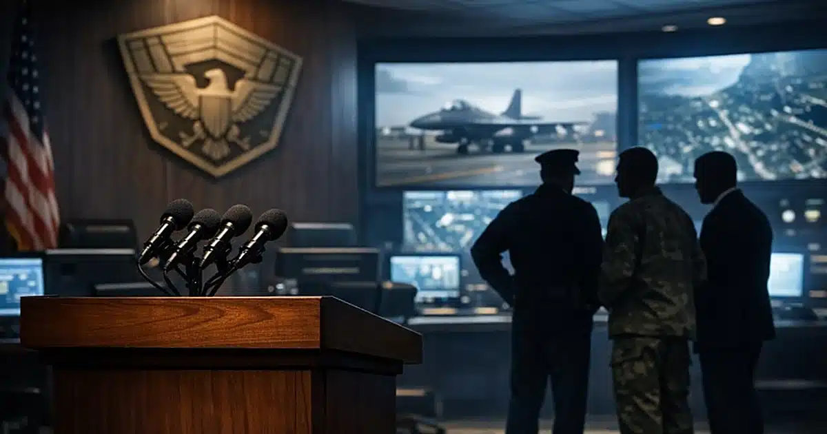 Pentagon briefing room podium with microphones and silhouetted figures in discussion