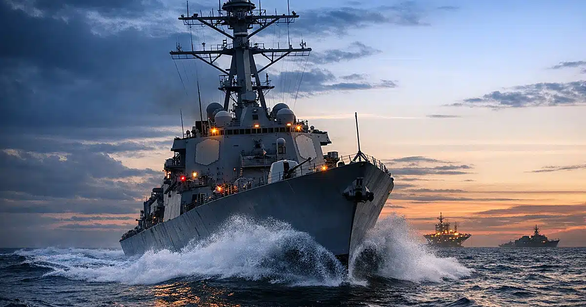 U.S. Navy destroyer moving through ocean waters at dusk creating white spray from bow