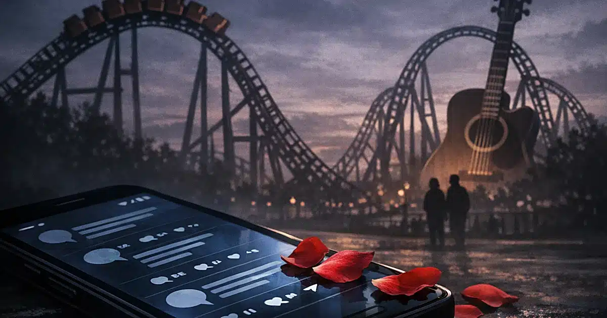 Smartphone showing social media with two theme park roller coasters silhouetted against twilight sky and rose petals