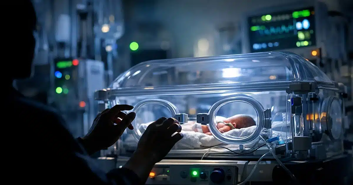 Hospital NICU isolette with medical monitoring lights and silhouetted medical staff hands reaching toward controls