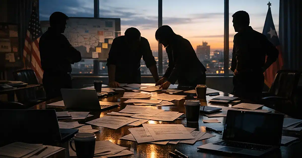 Democratic campaign war room with strategy table and silhouetted figures in tense discussion at dusk