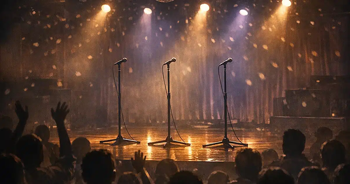 Three spotlit microphone stands on karaoke stage with silhouetted audience in foreground and disco ball overhead