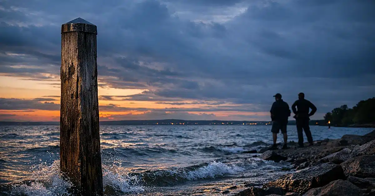 Wide view of Great Lakes shoreline at dusk with border marker post at water's edge under dramatic sky