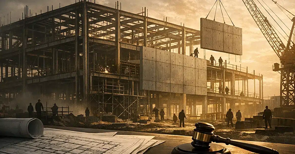 Construction site showing ballroom structure with reinforced materials, blueprints and gavel in foreground