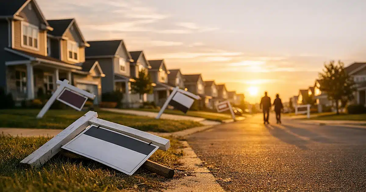 Multiple for-sale signs on suburban street, several fallen over, empty homes in background at sunset