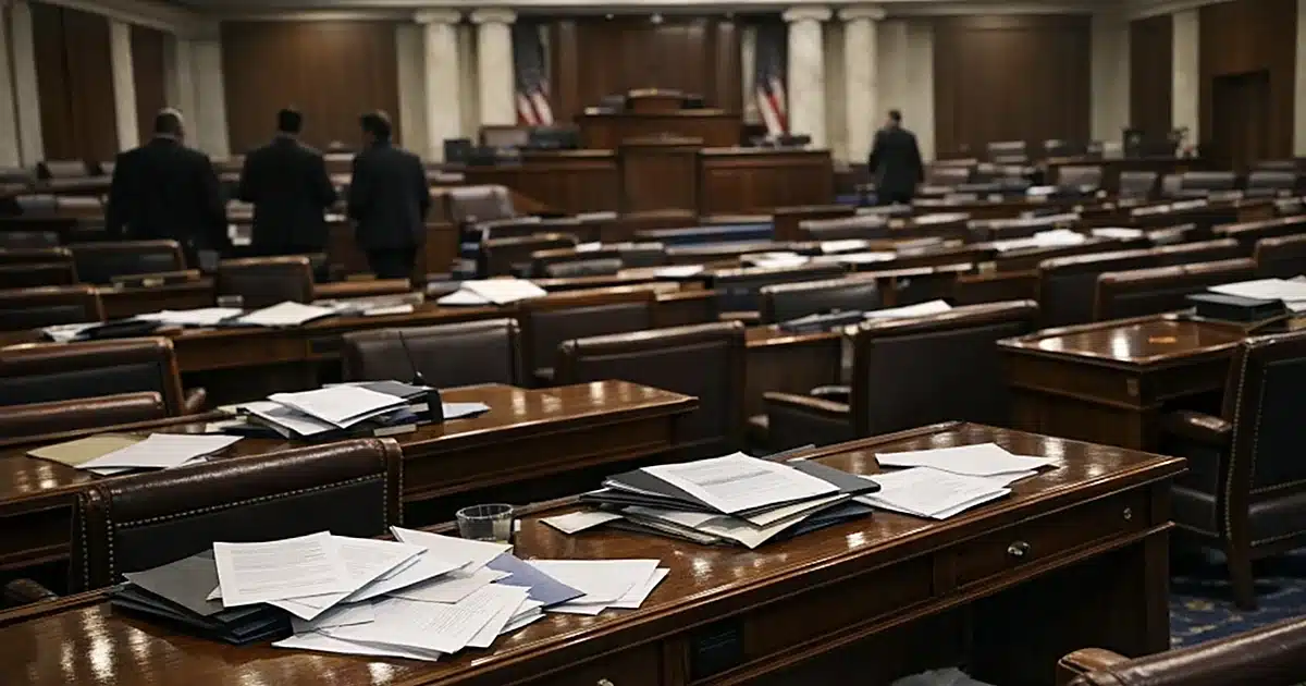 Empty legislative chamber with scattered papers on desks suggesting interrupted proceedings