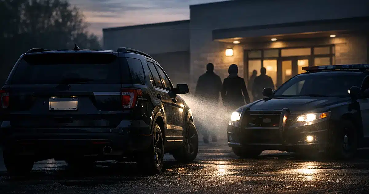 SUV with mismatched plates parked outside community center with police car spotlight illuminating it at dusk