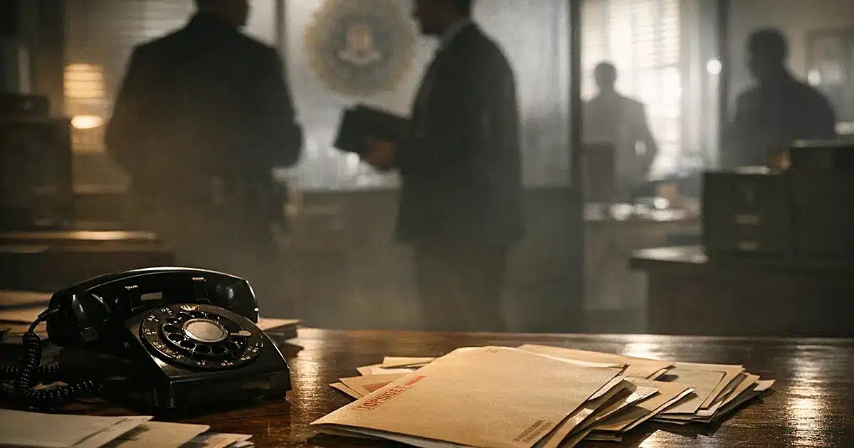 FBI office desk with vintage telephone and file folders, silhouetted agents visible through frosted glass partitions