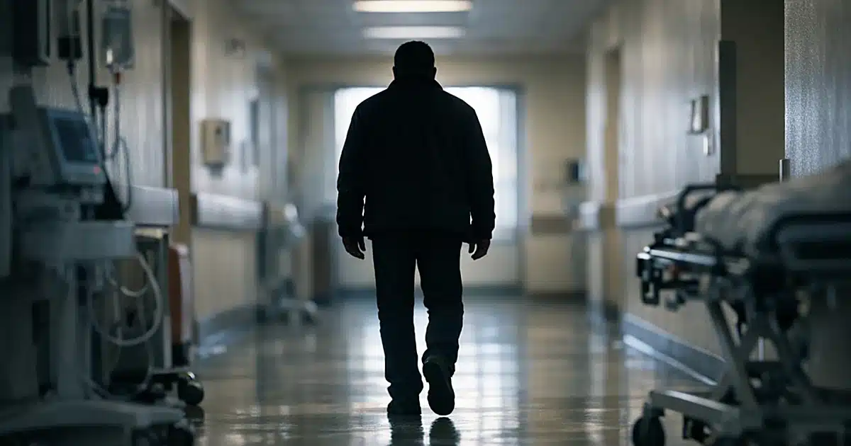 Silhouetted figure walking alone down a hospital corridor toward distant window light