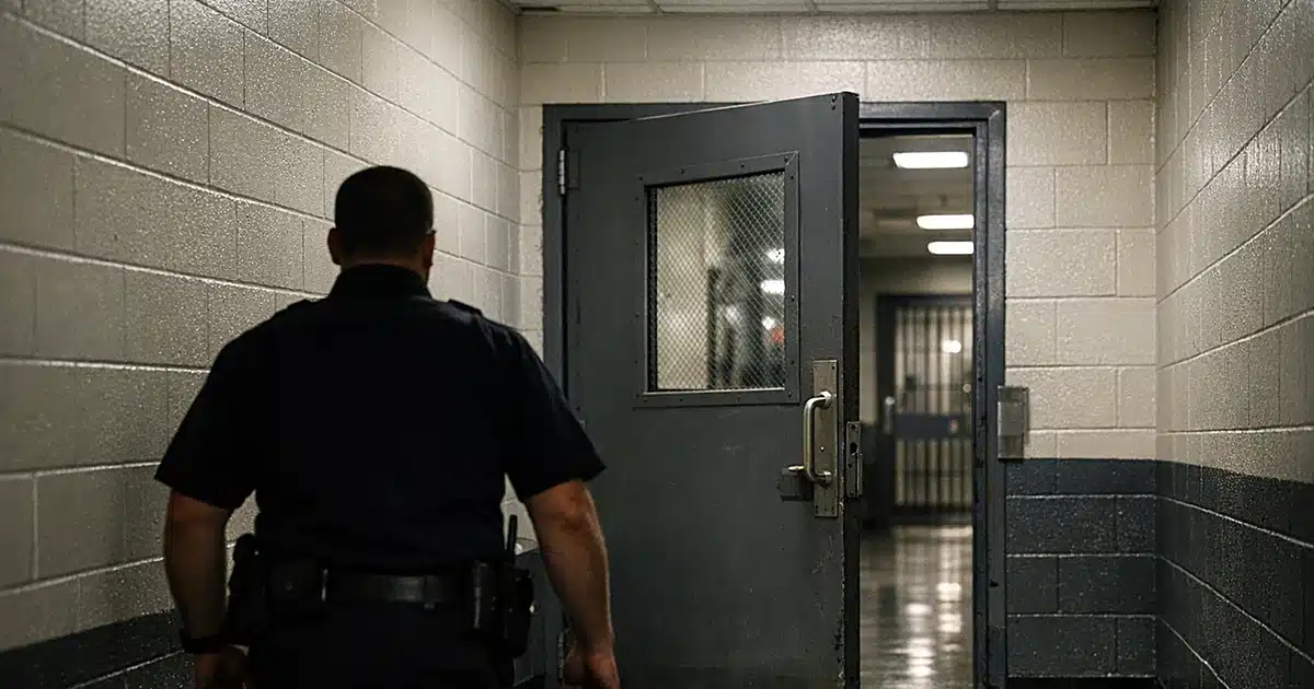 Immigration detention facility corridor with steel security door and silhouetted officer walking toward entrance