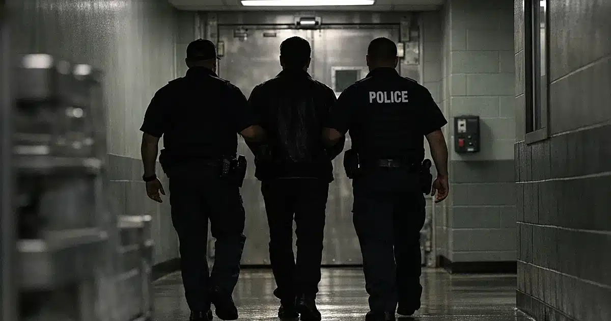 Silhouetted figures walking through airport immigration checkpoint corridor with security barriers