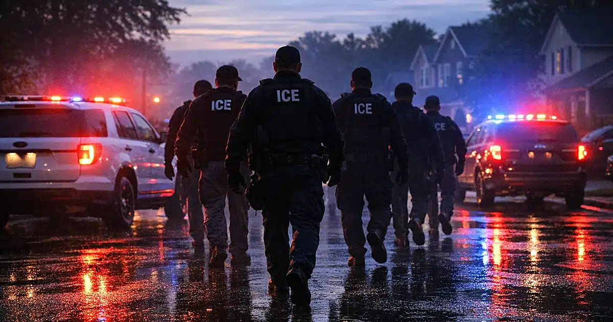 Silhouetted law enforcement officers on residential street at dawn with emergency lights reflecting on wet pavement