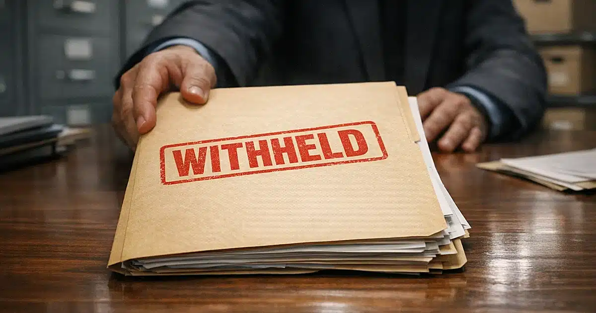 Hands sliding withheld document folder across desk in government records office