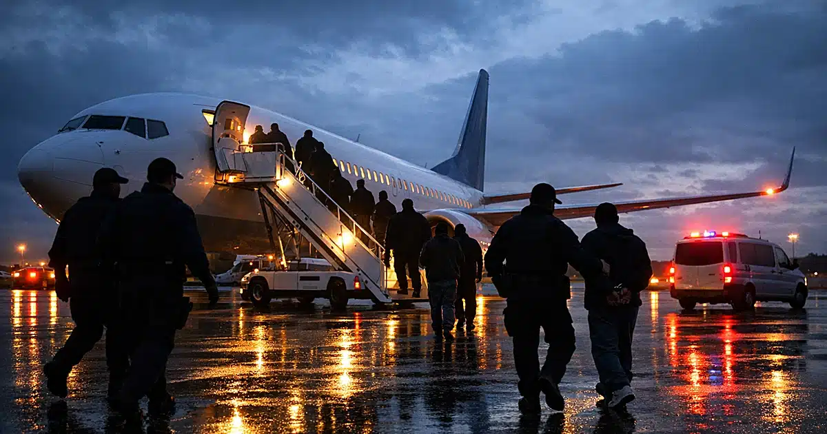 ICE deportation aircraft on tarmac at dusk with silhouetted agents near boarding stairs during removal operation