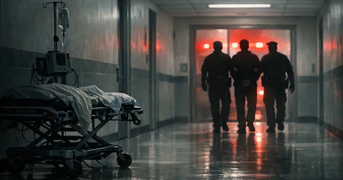 Silhouettes in detention facility hallway with emergency lights glowing through doorway and medical gurney in foreground