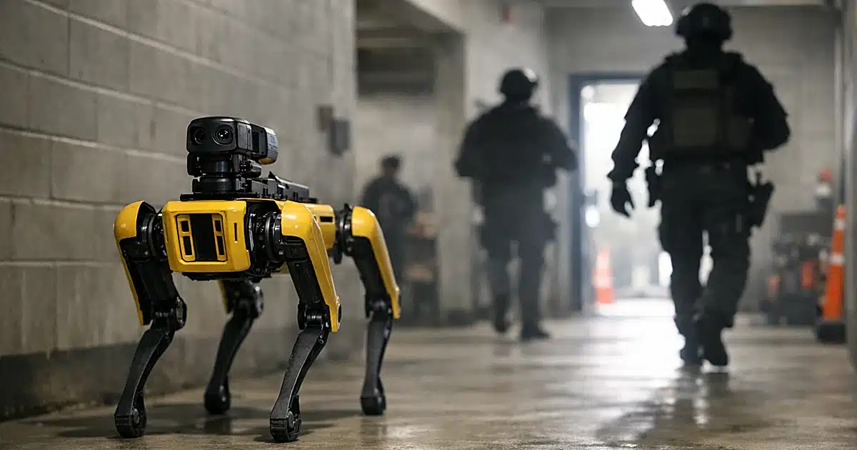 Boston Dynamics Spot robot in law enforcement training facility corridor with tactical officer silhouette